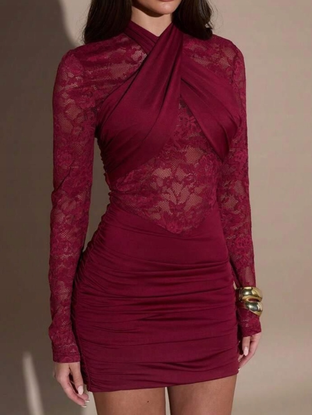Burgundy Long-Sleeve Lace Ruched Bodycon Dress
